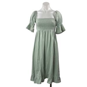 Girl and The Sun Green Linen Short Bell Sleeve Smocked Fit & Flare Midi Dress XS